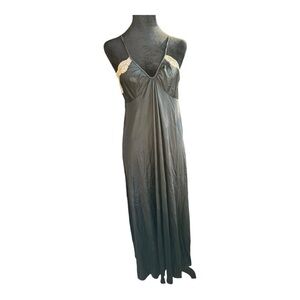 80s VINTAGE Nightgown Nylon long Slip‎ dress in black and cream lace by G